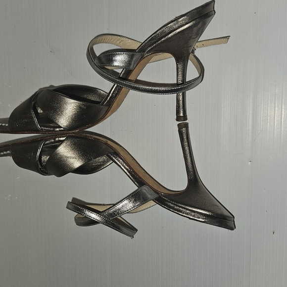 Jimmy Choo London Gray Silver Leather & Satin Crystal Evening Sandals Sz 37 - Picture 4 of 9